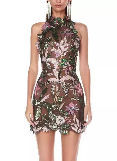 Sequin Embroidered Halterneck Mini Dress Cozy Ruched Mini Dress