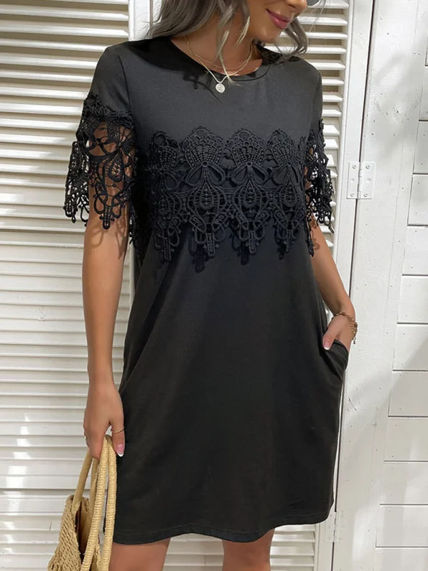 Blue Zone Planet | Sirena Short Sleeve T-Shirt Dress Loose Lace Stitching Black Dress Print Jacquard Patchwork Blue Zone Planet | Sirena Short Sleeve T-Shirt Dress Loose Lace Stitching Black Dress Print Jacquard Patchwork