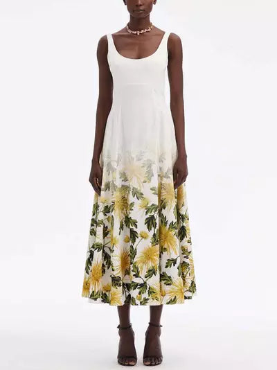 Sleeveless Fading Floral Print Midi Dress Stylish Long Sleeve Floral Midi Dress
