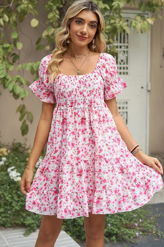 Smocked Printed Flounce Sleeve Mini Dress Cozy Long Sleeve Mini Dress