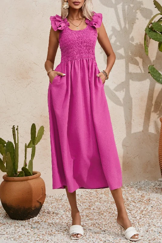 Smocked Ruffled Scoop Neck Midi Dress Comfortable Lace-Up Midi Dress
