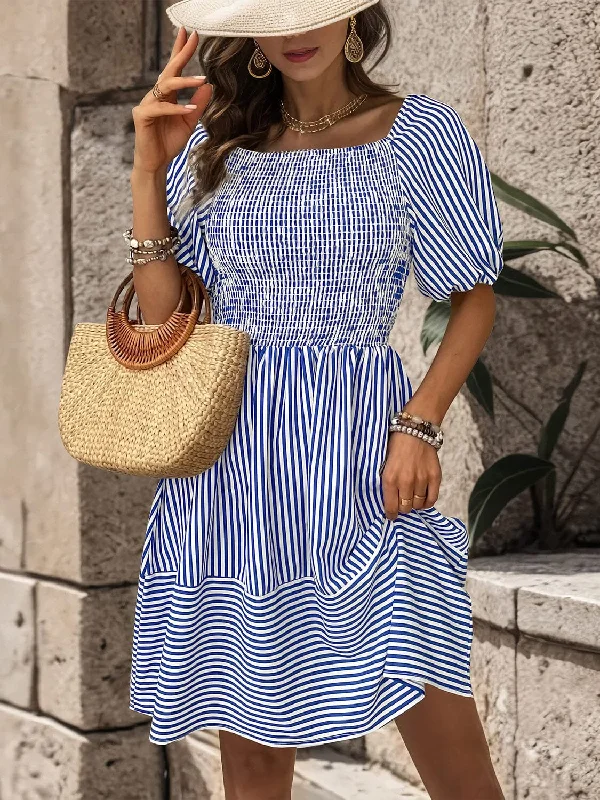 Smocked Striped Balloon Sleeve Mini Dress Trendy Wraparound Mini Dress