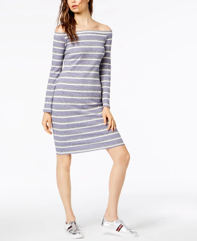 Socialite Striped Off The Shoulder Midi Dress Comfortable Adjustable Strap Midi Dress