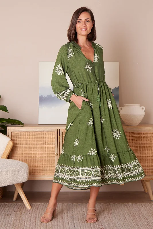 Solstice Midi Dress - Olive/Ivory Lace Print Trendy Knit Midi Dress