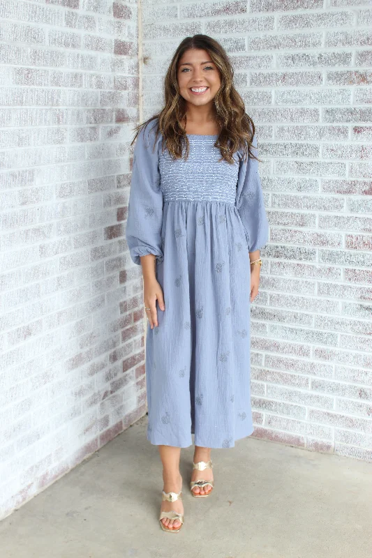 Sounds Like Love Flower Accent Smocked Midi Dress Elegant Satin Button Midi Dress