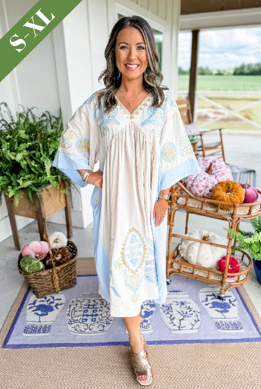 Southern Gypsy Midi Dress in Taupe & Blue Stylish Pleated Skirt Midi Dress