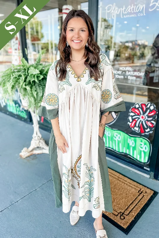 Southern Gypsy Midi Dress in Taupe & Olive Comfortable Floral Print Midi Dress