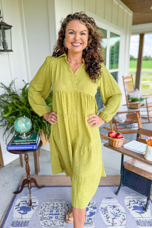 Southern Sass Midi Dress in Avacado Chic Off-Shoulder Midi Dress