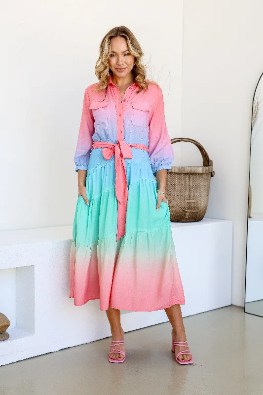Star Burst Ombre Shirt Midi Dress - Pink/Blue/Green Trendy Midi Dress with Belt