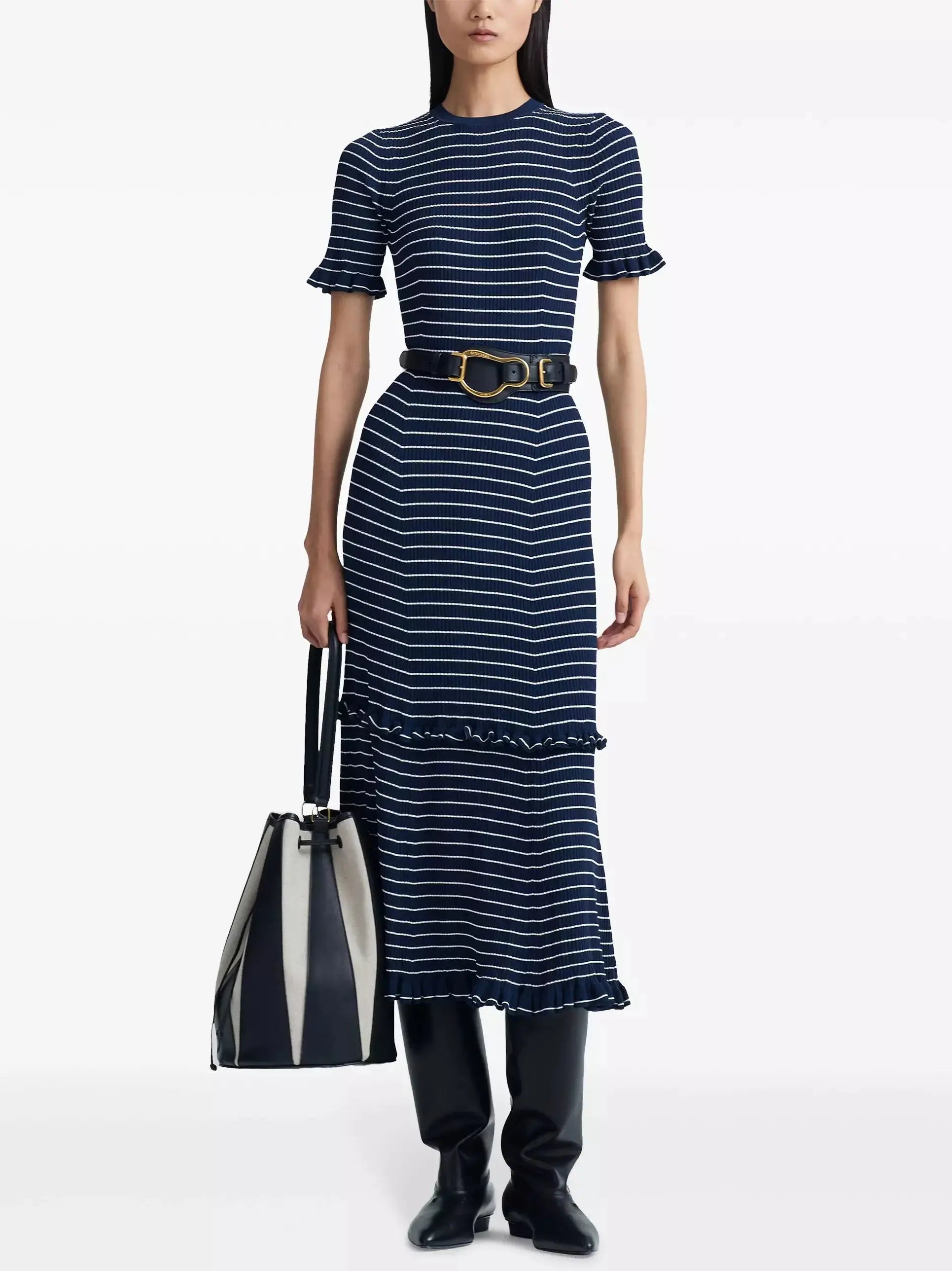 Stripe Ruffle Trim Midi Dress in Navy Trendy Fit-and-Flare Midi Dress