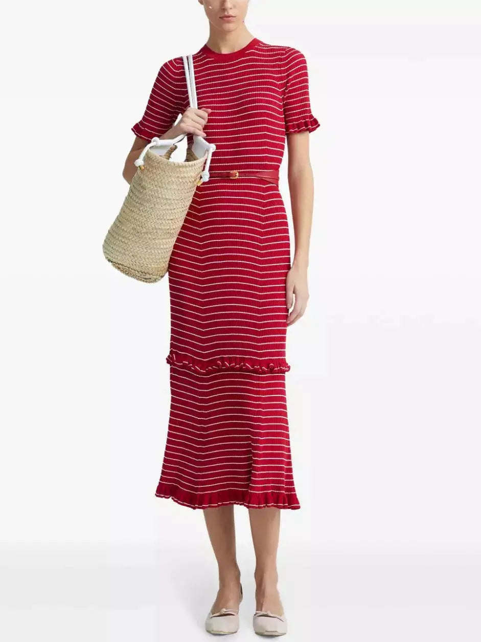 Stripe Ruffle Trim Midi Dress in Red Trendy Mock Neck Midi Dress