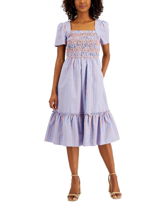 Tahari Asl Cotton Smocked Seersucker Midi Dress Elegant Puff Sleeve Midi Dress