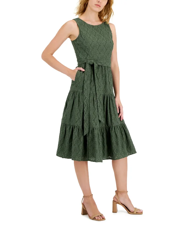 Tahari Asl Womens Cotton Eyelet Midi Dress Trendy Off-Shoulder Button Midi Dress