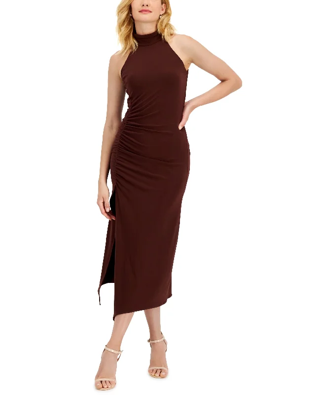 Taylor Mock Neck Shirred Asymmetrical Hem Midi Dress Stylish Vintage Midi Dress