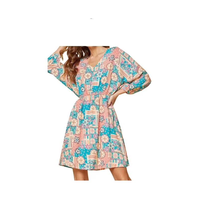Andree Women's Teal and Pink All Over Print Midi Dress Trendy Boho Midi Dress