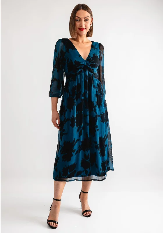 Tiffosi Paz Floral Chiffon Midi Dress, Teal Blue Cozy Ribbed Knit Midi Dress