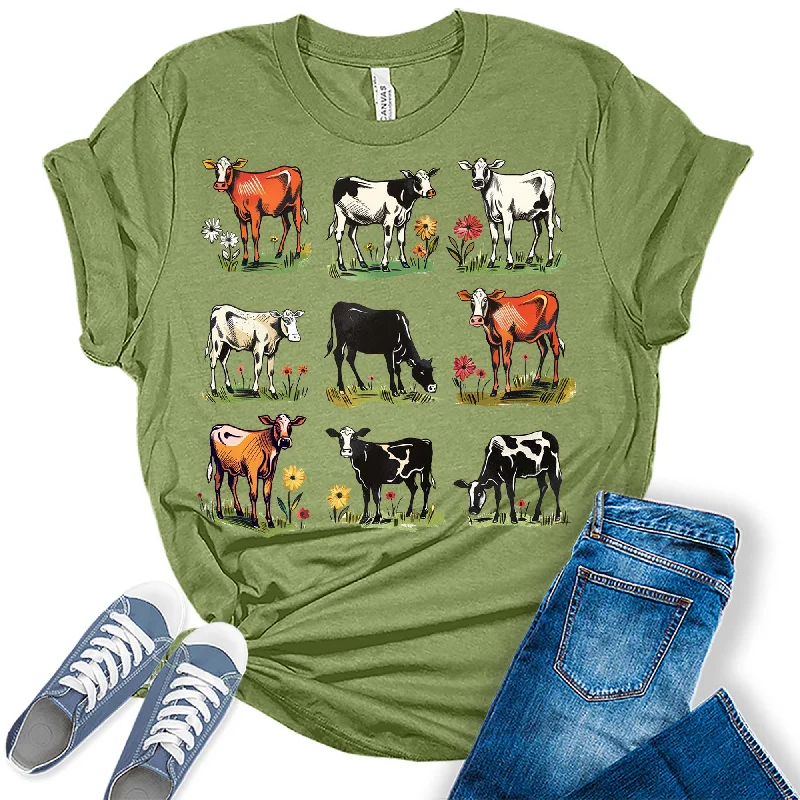 Trendy Cow Summer Collage Womens Graphic Tees Collared Crew Neck Turtle Neck