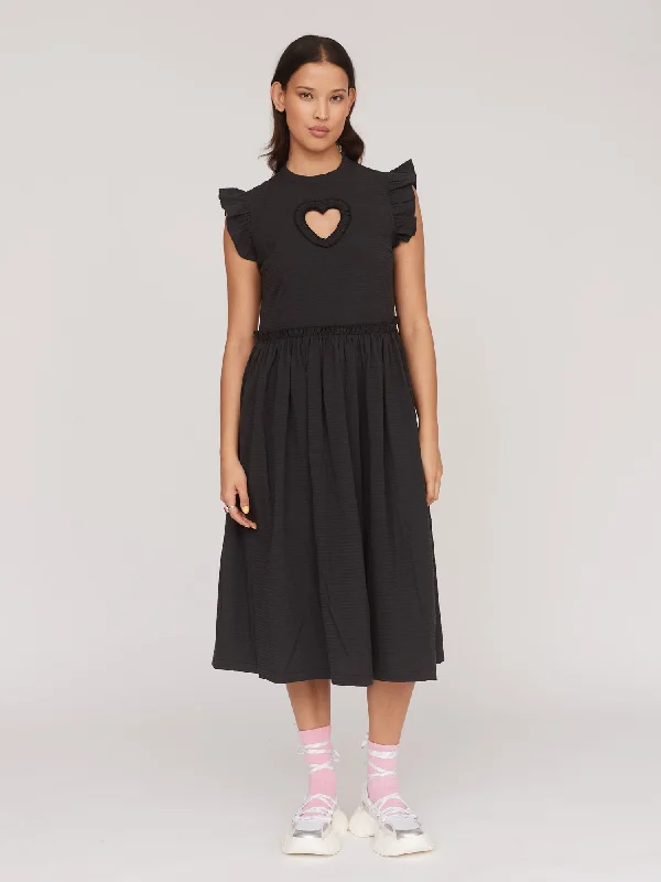 Black Cut Out Heart Midi Dress Elegant Satin Button Midi Dress
