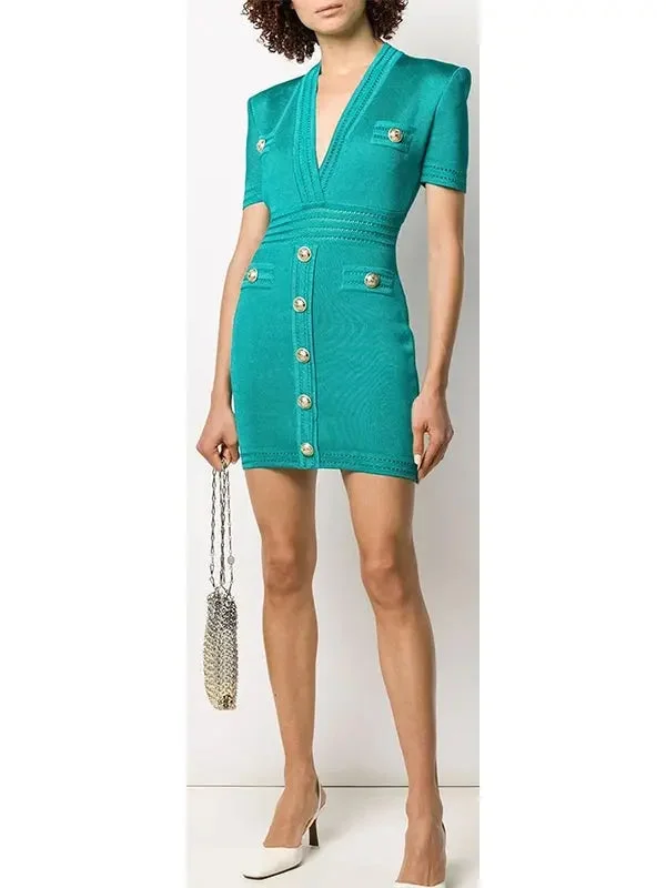 V-Neck Button-Embellished Mini Dress Chic Bohemian Mini Dress