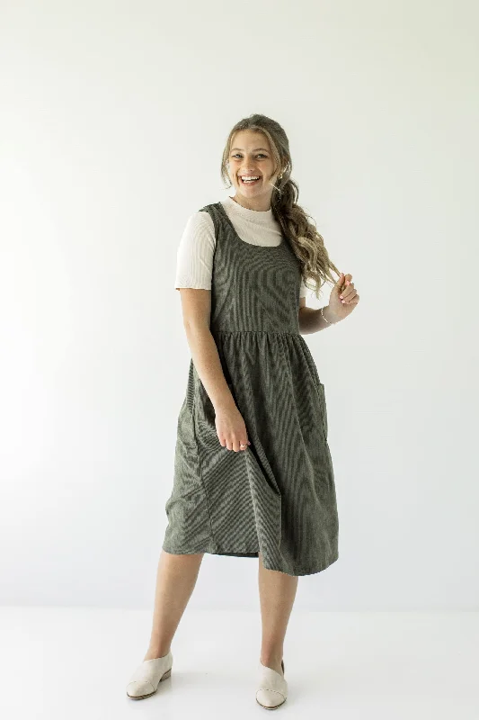 'Valley' Corduroy Overall Midi Dress in Dusty Olive Elegant Faux Wrap Midi Dress