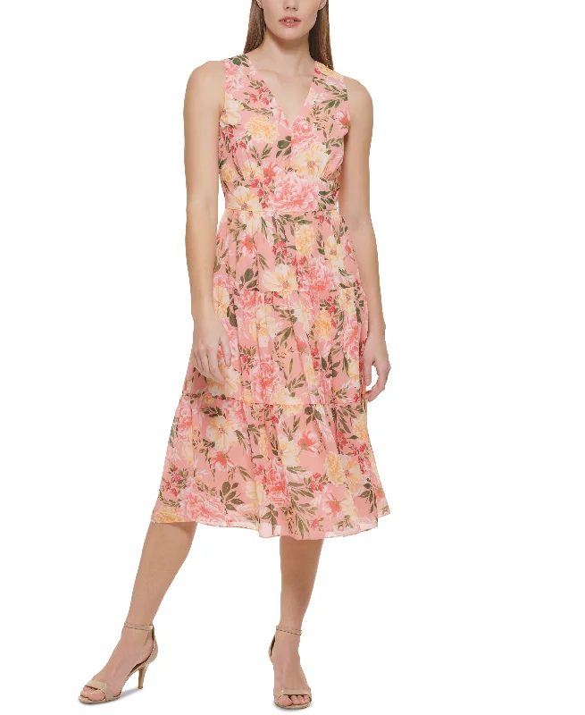 Vince Camuto Womens Printed Chiffon Midi Dress Stylish Off-Shoulder Ruffle Dress