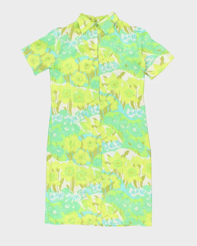 Vintage 70s Handmade Green Floral Collared Mini Dress - L Trendy Denim Mini Dress