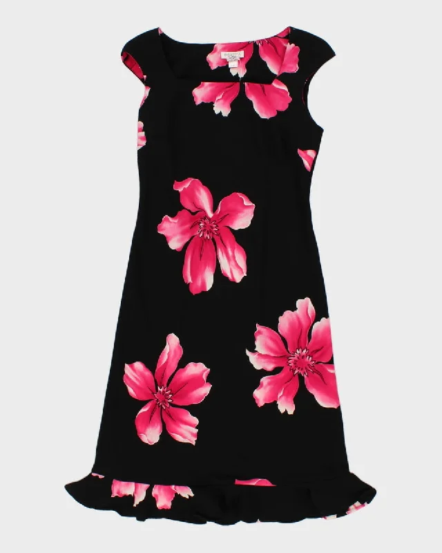 Vintage 90s Bellessa Black & Pink Floral Midi Dress - M Comfortable Geometric Print Midi Dress Vintage 90s Bellessa Black & Pink Floral Midi Dress - M Comfortable Geometric Print Midi Dress