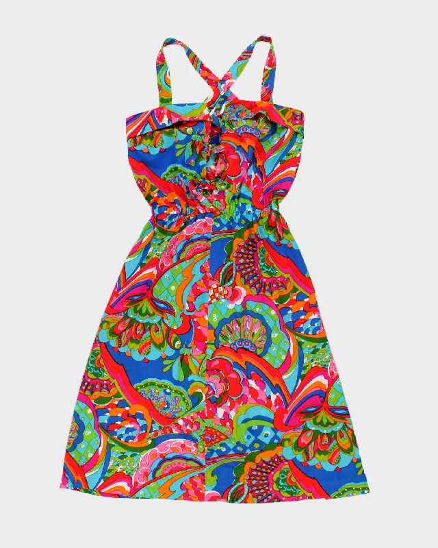 Vintage Handmade Psychedelic Print Mini Dress - XS/S Chic Puff Sleeve Mini Dress