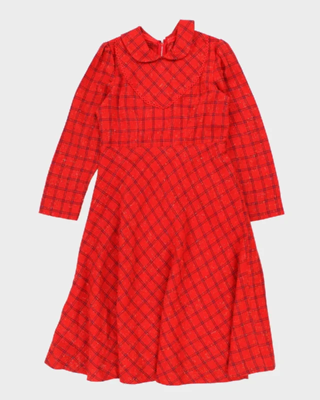 Vintage Handmade Red Plaid Midi Dress - M Comfortable Deep V Midi Dress