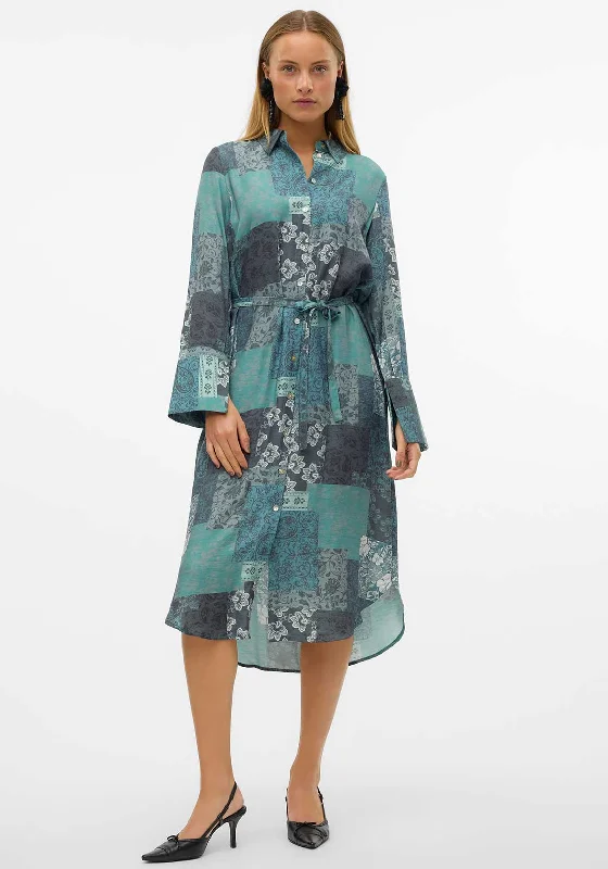 Vero Moda Natja Patchwork Shirt Midi Dress, Green Comfortable Stretch Midi Dress