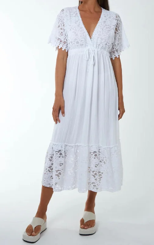 White Lace Tiered Midi Dress Comfortable Adjustable Strap Midi Dress