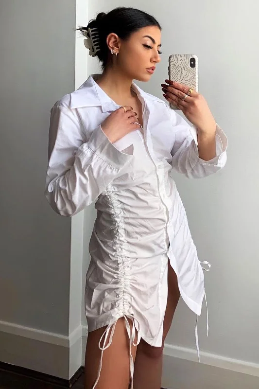 White Ruched Centre Shirt Mini Dress - Khylie Classic Striped Mini Dress