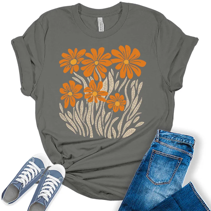 Womens Boho Fall Floral Daisy Graphic Tees Cotton Fabric Linen Fabric Terry Fabric