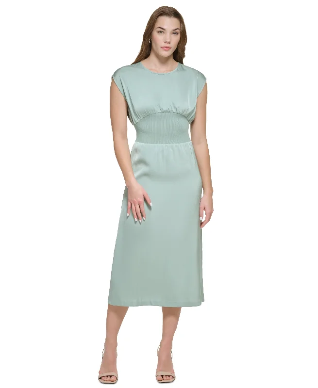Women's Cinch Waist Sleeveless Satin Midi Dress Fashionable Wide Leg Midi Dress