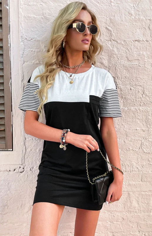Blue Zone Planet | Dress Round Neck Short Sleeve Patchwork Striped T-Shirt Dress Polka Dot Checkered Tartan Blue Zone Planet | Dress Round Neck Short Sleeve Patchwork Striped T-Shirt Dress Polka Dot Checkered Tartan