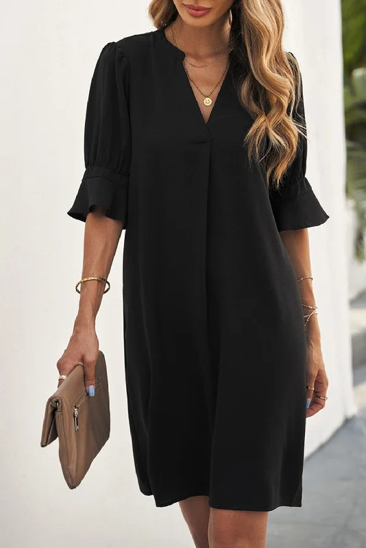 Solid Color Loose V Neck Half Sleeve Mini Dress Stylish Sweetheart Neck Mini Dress