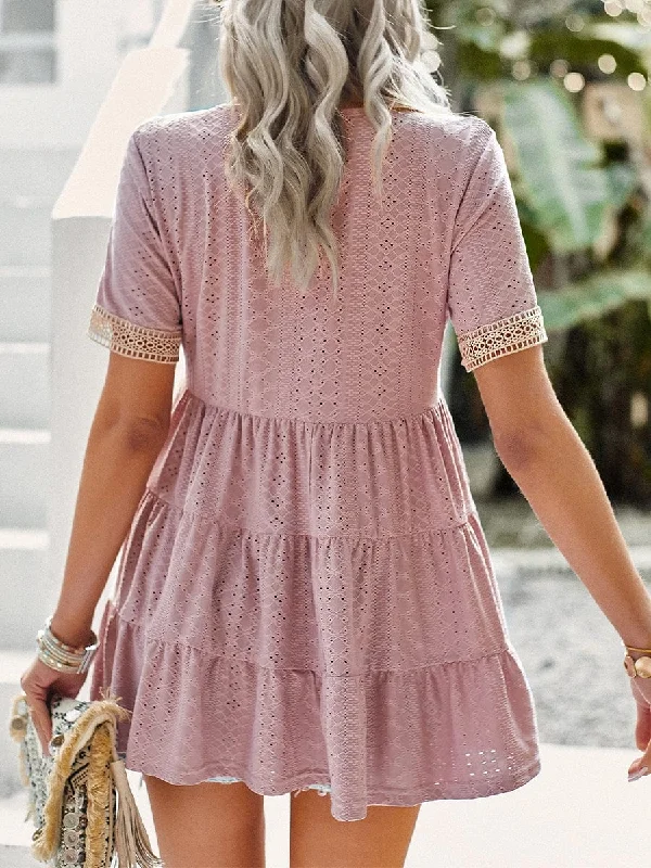 Women's Eyelet Lace Mini Dress Stylish Plaid Mini Dress