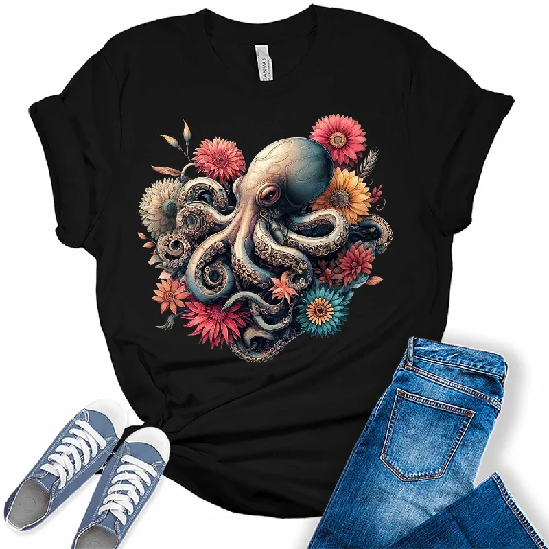 Womens Floral Kraken Octopus Trendy Summer Graphic Tees Boxy Fit Fitted Loose
