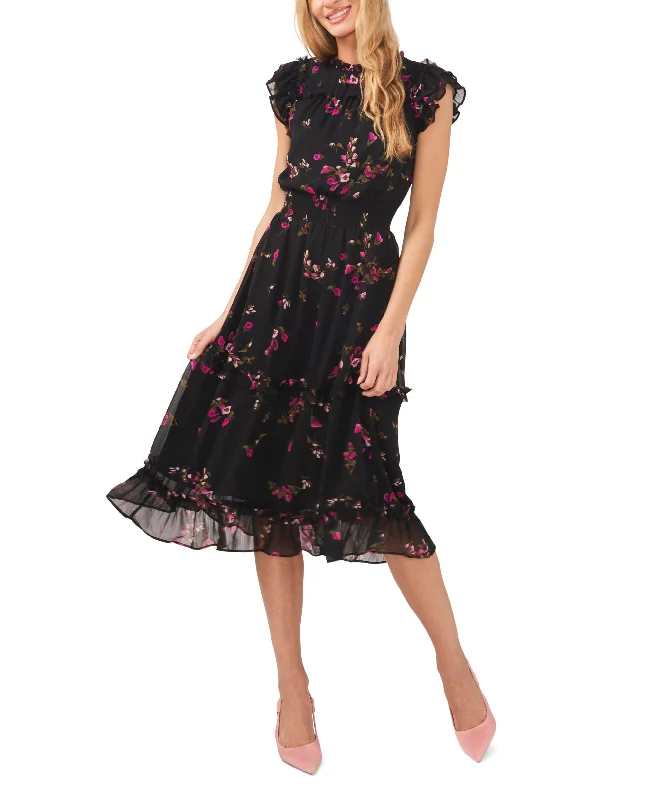 Women's Floral Print Smocked-Waist Midi Dress Fashionable A-Line Midi Dress