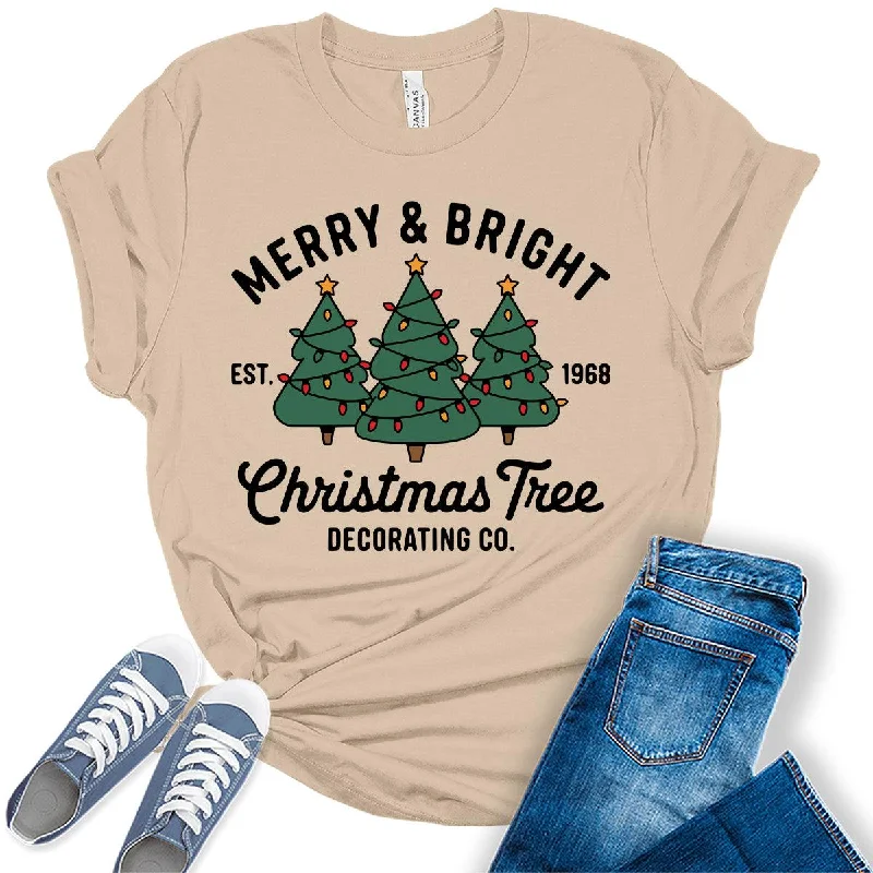 Women's Merry and Bright Christmas Tree Graphic Tees Striped Floral Plaid