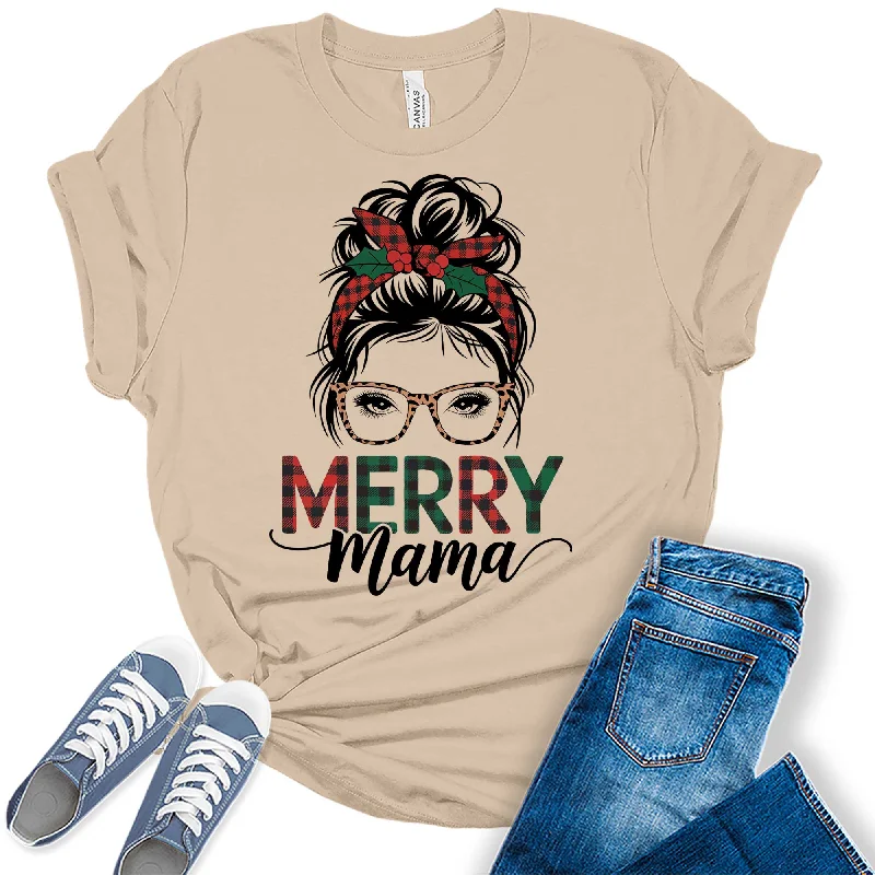 Women's Merry Mama Messy Bun Graphic Tees Thin T-Shirt Open Front Quick Dry