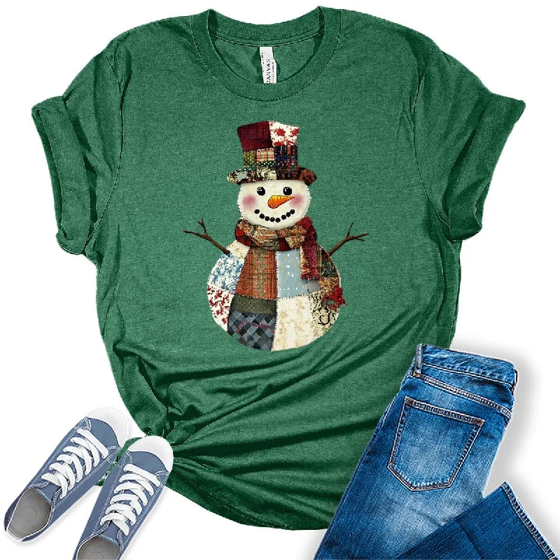 Women's Patch Work Snowman Christmas Graphic Tees Boxy Fit Fitted Loose