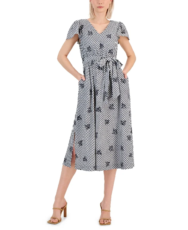 Women's Printed Gingham Flutter-Sleeve Midi Dress Stylish Animal Print Midi Dress