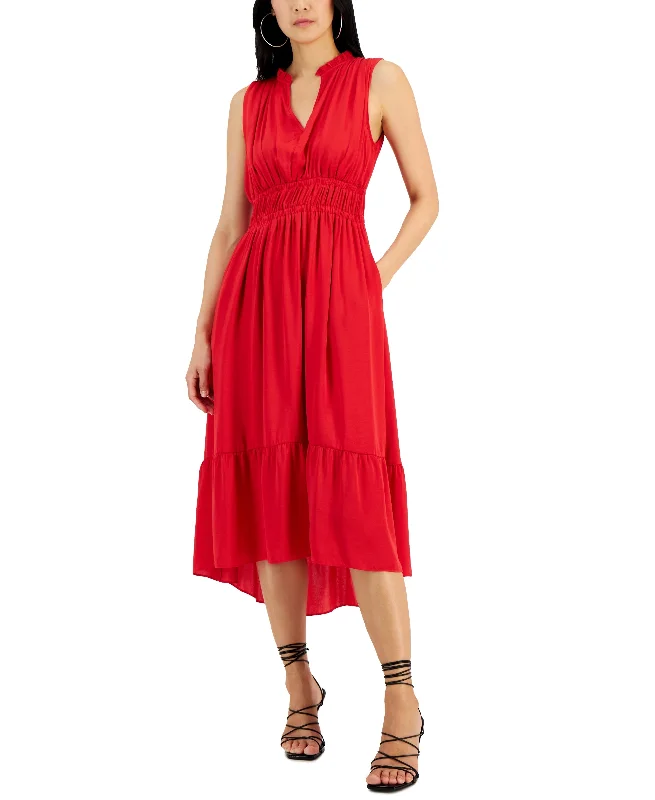 Women's Split-Neck Sleeveless High-Low Midi Dress Fashionable Pleated Midi Dress