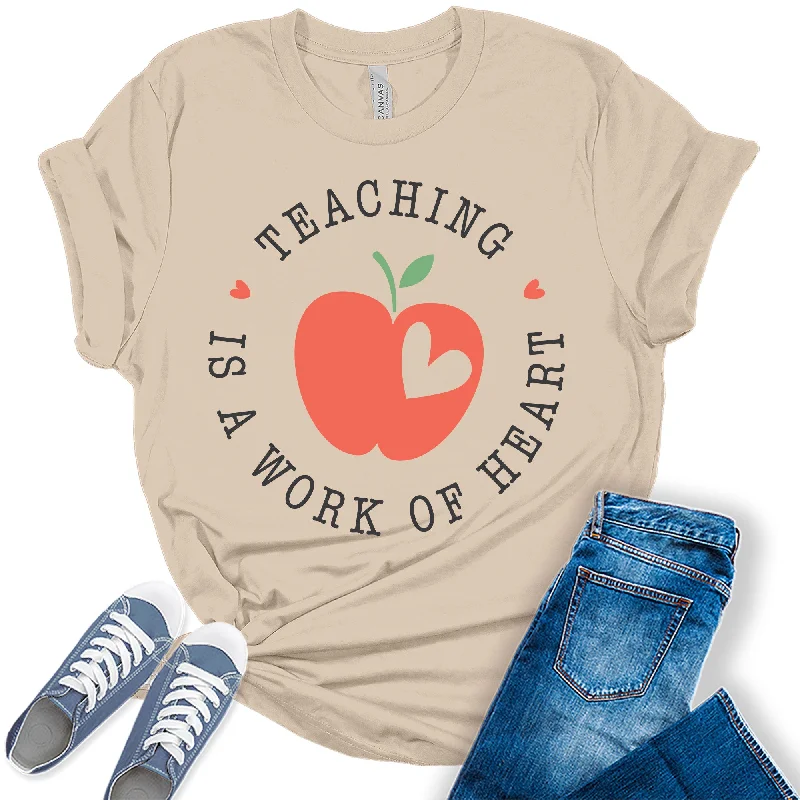 Women's Teacher Is A Work Of Heart Teaching Graphic Tees Asymmetrical Pockets Print