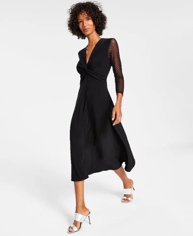Women's Twisted Sheer-Sleeve Midi Dress Fashionable High-Neck Midi Dress