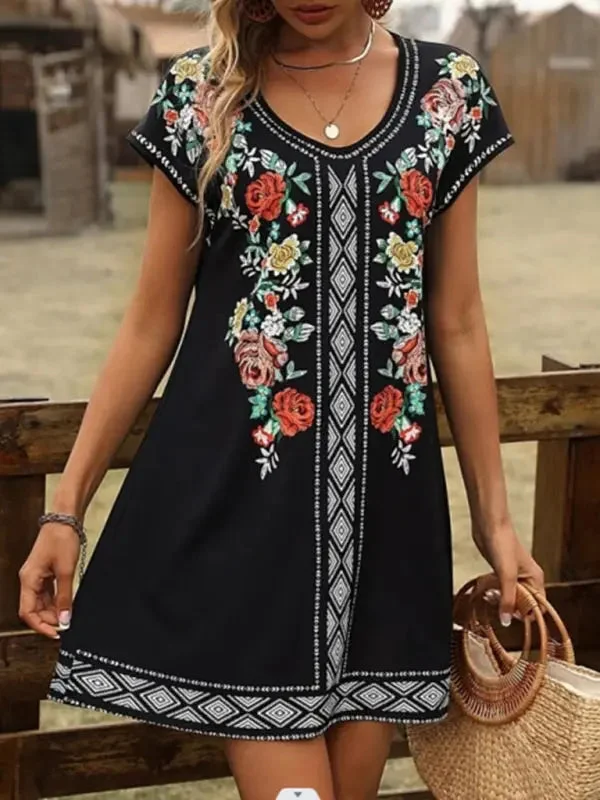 Vintage Floral Print Short Sleeve Mini Dress Fashionable Mini Dress with Frills