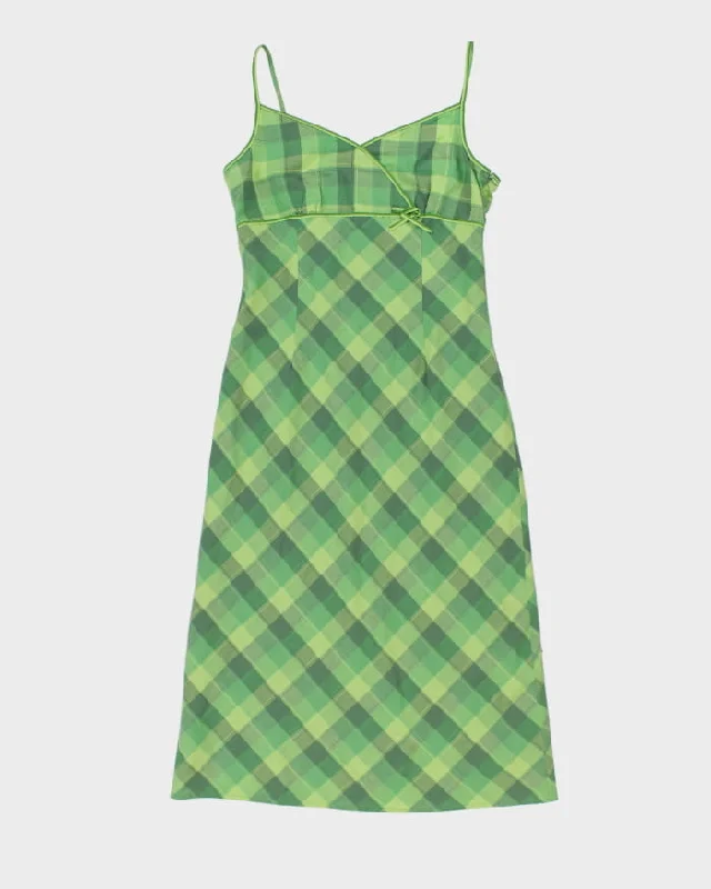 Y2K 00s Darling Green Check Midi Dress - L Fashionable Fitted Midi Dress