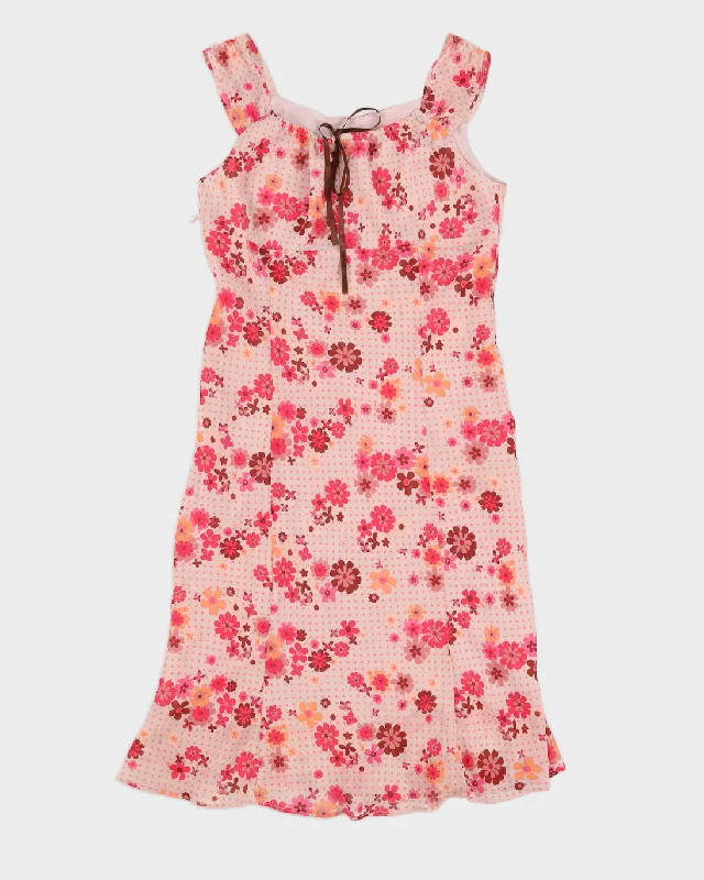 Y2K 00s Etam Pink Floral Midi Dress - M Trendy Fit-and-Flare Midi Dress
