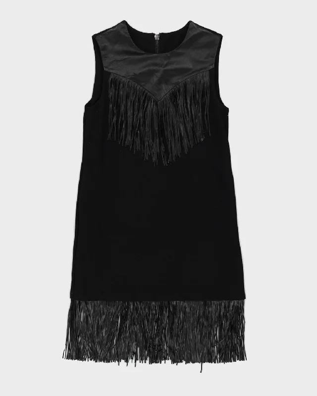 Y2K Black Fringed Midi Dress - S Comfortable Geometric Print Midi Dress